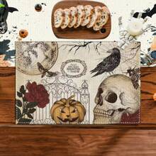 Juego de 4/6/12 manteles individuales - Estampado de calabaza de terror, bruja y murciélago - Manteles individuales impresos creativos, resistentes al calor, decoración de mesa de cocina para Halloween, decoración de habitación, decoraciones de mesa para fiestas, mejorando la atmósfera festiva