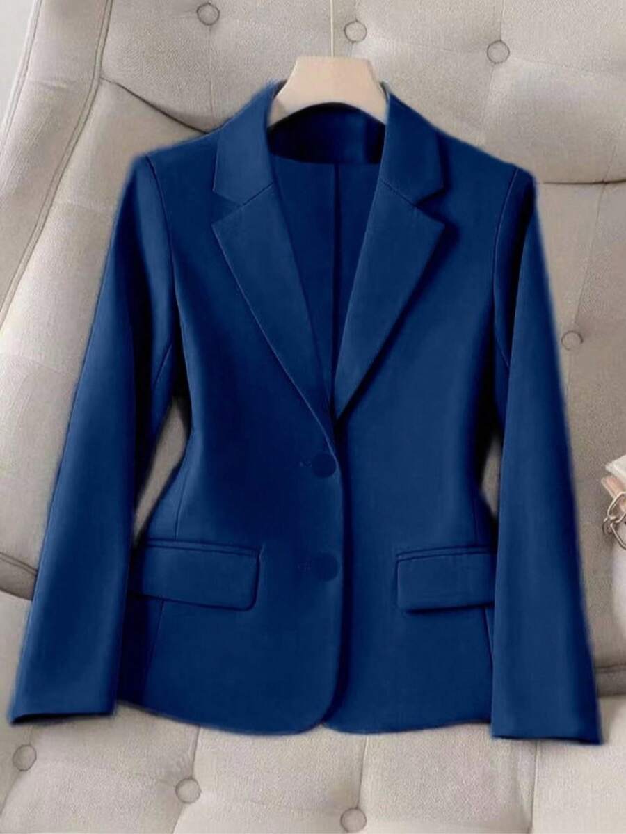 Women's Elegant Tailored Blazer Plain Coat 6 Buttons Beautiful Summer Long Sleeve - 藏蓝色 - 查看 1