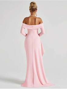 1pc Solid Color Off Shoulder Long Sleeve Sexy Elegant High Slit Maxi Dress, Suitable For Party, Wedding, Cocktail - Baby Pink - View 5