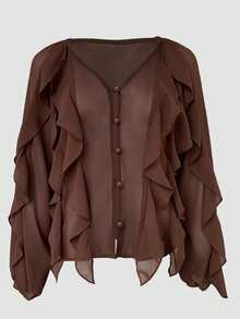 Versatile Casual Commuting Office Asymmetrical Ruffled Semi-Sheer Beige Shirt, Suitable For Dates, Everyday Wear, Beach Vacation, Ruffled Decor Adds Softness, Pair With Jeans For Festive Looks, Elegant With Skirts For Commuting - Brown - View 4