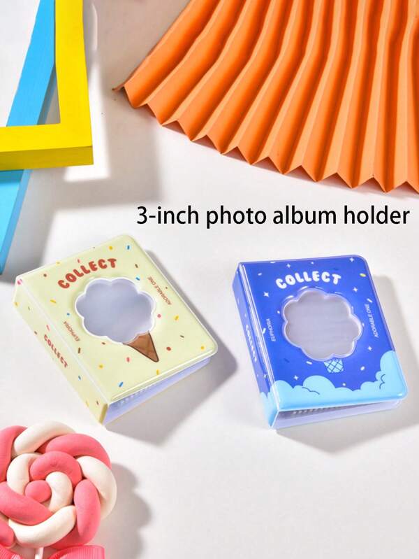 Album photo mini de 3 pouces en forme de crème glacée avec motif dessin animé - Album de rangement pour photos et cartes - Convient pour les photos de 3 pouces 6,5*9,2 - Album à anneaux avec 9 pages intérieures, 4 fentes pour cartes par page, peut contenir 36 photos, cadeau de rentrée scolaire