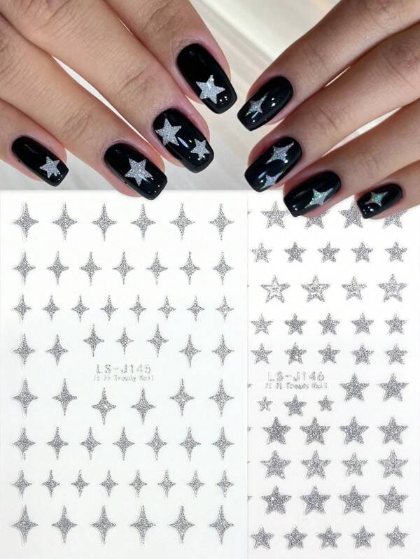 2/4 Pcs Silver Diamond Glitter Five-Pointed Star Four-Pointed Star Nail Stickers, Y2K Sweet Girl, Self-Adhesive Acrylic Nail Art Decals, Suitable For Women And Girls Fashion DIY Manicure