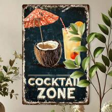 Un letrero metálico retro de "Zona de Cócteles" de 8x12 pulgadas, con un diseño tropical de coco y bebida, un arte de pared duradero adecuado para decoración del hogar, oficina, bar o cafetería, para uso interior/exterior, decoración de bar, perfecto para decoración de habitación.
