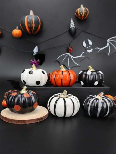 6 件万圣节室内装饰，黑白南瓜，适用于餐桌、分层托盘、书桌、壁炉架、秋季和感恩节装饰 - 万圣节家居装饰、万圣节装饰、房间装饰