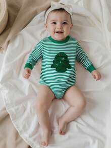 Mono de manga larga a rayas para bebé, con estampado de calabaza, fantasma, árbol y pavo, ropa de invierno y otoño para niños y niñas - Verde - Ver 3