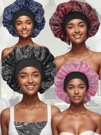 Gorro de moda estilo bohemio y de paisley en negro, gorro unisex para hombre o mujer, de seda satinada, adecuado para cabello rizado, el satén es suave y liso, con estilo, apropiado para una buena noche de sueño
