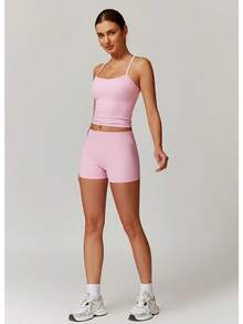 Women's Yoga Outfits Backless Strappy Sports Bra And High Waisted-Lifting Shorts Matching Workout Set - Hồng 1 - Xem 4