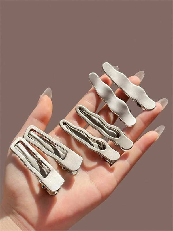 6 peças/1 conjunto de grampos de cabelo com linhas onduladas prateadas metálicas, prendedores em par, grampos geométricos retangulares em formato de gota d'água e grampos para franja