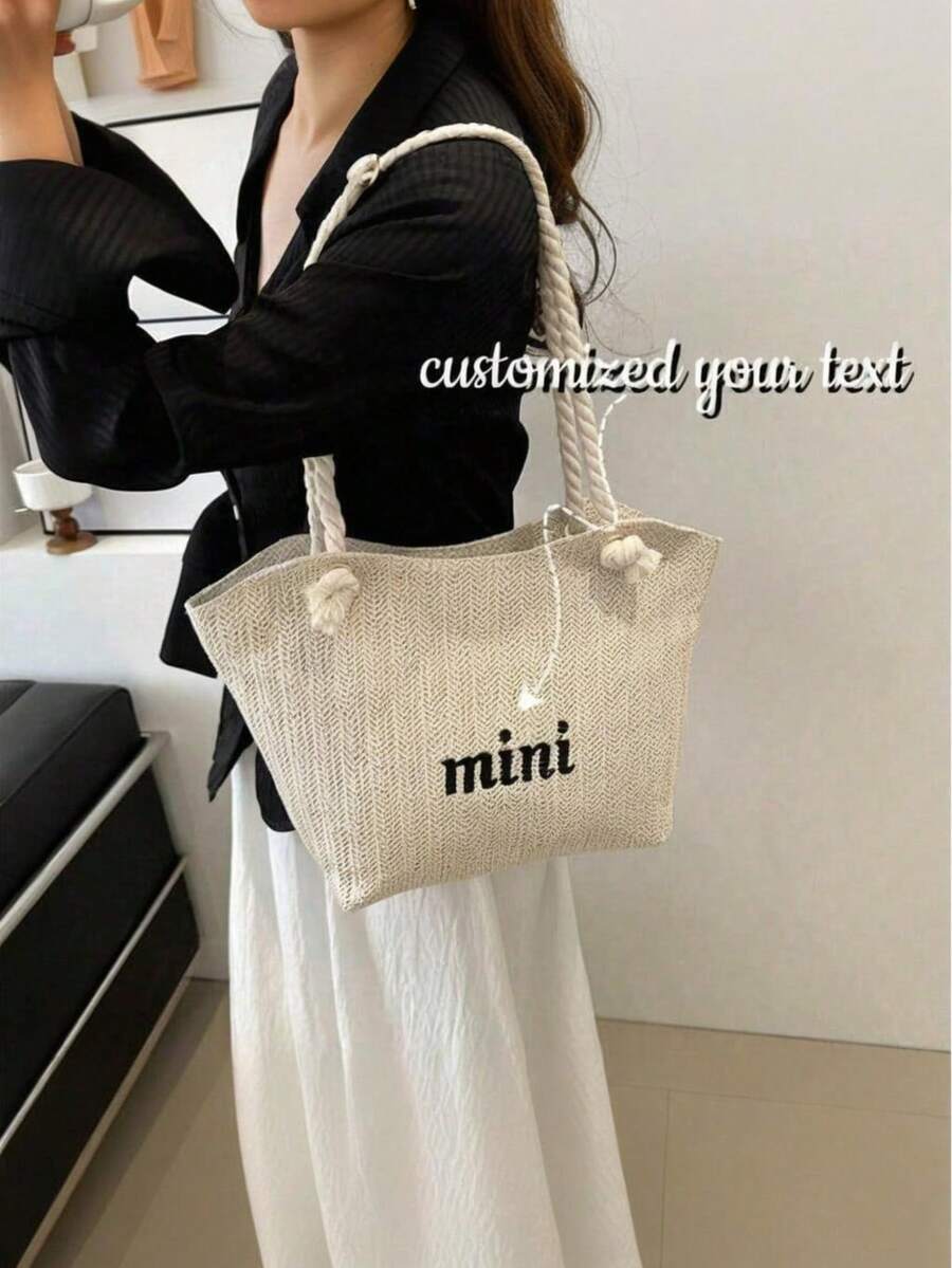 1 件夏季海滩草编托特包，带定制刺绣，编织单肩包带小袋，绳柄休闲手提包，女士轻便旅行包，度假海滩必备，送给她的礼物 - 彩色 - 查看 1