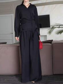 Women's 2 Pieces Set Featuring V-Neck Tie Front Long Sleeve Top & High Waist Casual Pants, Solid Color Casual