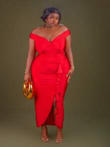 CurvyTilda 春夏女装派对婚礼酒红色无袖一字肩前扭褶装饰前开叉侧聚拢大码针织连衣裙