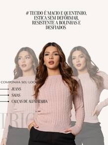 Blusa Tricot Manga Longa Gola Redonda Detalhe Trança gola tradicional sofisticado malha quente segunda pele