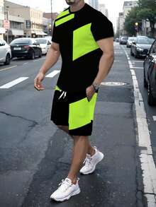 2 Pieces Men's Color Block Summer Leisure Outfit Set, Men's Short Sleeve T-Shirt & Pocket Shorts Co Ord Set - Multicolor - View 1