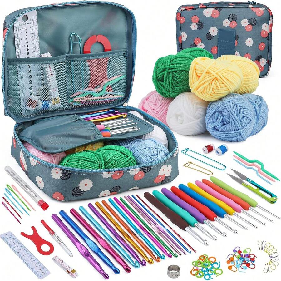 HALMAN Juego completo de ganchillo,67pc, Juego de ganchos de ganchillo, accesorios de herramientas de tejido en bolsa de PU, Kit de Ganchos y Accesorios para Tejer, Kits De Croché, paquete completo de , Pompón de lana*2,Ganchillo de mango suave*9, Marcadores de puntada*10, Ganchillo con mango de plástico*8, Anillos circulares de conteo Ppen*10, Dedal*1,Contador de filas*2, Calibre de tejer*1,regla suave*1,Protector de pinta de agujas*4, Titular de la puntada*3, Cortar con tijeras*1, aguja de ojo grande*6,lana*5, Agujas con forma de lazo*3,  ideal para principiantes y aprendices de ganchillo, regalo para mujeres,adecuado para principiantes, textiles hechos a mano, regalos de cumpleaños