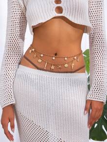 1 件波西米亚风格海洋元素海滩度假贝壳和珍珠海星流苏多层腰链，优雅金属腰带，适合女士，夏季海滩度假，礼物 - 海星多層腰鍊 - 查看 1