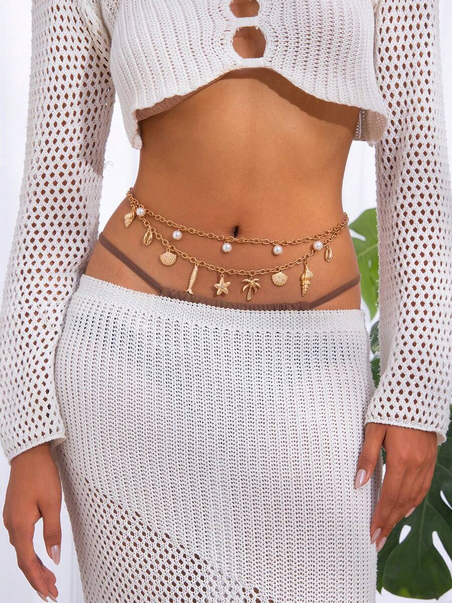 1 件波西米亚风格海洋元素海滩度假贝壳和珍珠海星流苏多层腰链，优雅金属腰带，适合女士，夏季海滩度假，礼物 - 海星多層腰鍊 - 查看 1