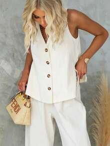 Plus Size Women V-Neck Sleeveless Button Decoration Tank Top - Beige - View 3