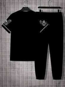 Plus Size Men Religious Pattern T-Shirt And Drawstring Casual Pants 2Pieces Set, Vintage Style - Black - View 4