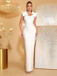 Đầm cưới/đầm dạ hội màu hồng gợi cảm không dây đeo vai, đính ngọc trai và hạt cườm. - trắng - Xem 4