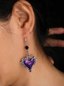 Gothic Cross, Heart, Rose Flower, Bow Knot, Thorn Decor Beaded Y2K Earrings For Women, Retro Dark Style - Purple - View 2
