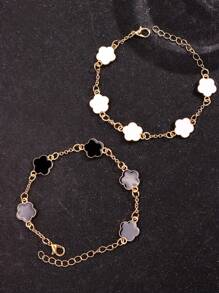 2pcs Minimalist Versatile Clover Charm Bracelet, Two-Tone Black And White, Fashionable And Personal Design, Suitable For Daily Wear, Couple Gift, Festival, Party
