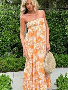 Women Casual Strapless Dress Summer Floral Print Tie Up Backless Long A-Line Dress For Cocktail Party Beach Streetwear - 橘紅色 - 查看 1