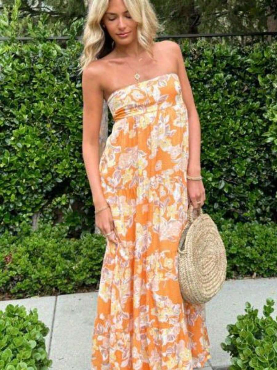 Women Casual Strapless Dress Summer Floral Print Tie Up Backless Long A-Line Dress For Cocktail Party Beach Streetwear - 橘紅色 - 查看 1
