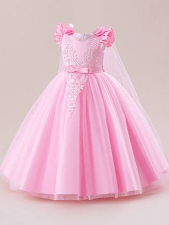 Rosa spetsklänning i tyll för flickor, elegant prinsessklänning för födelsedagsfest, festival, framträdande, bal, dans, lång sommarklänning med rosett i ryggen