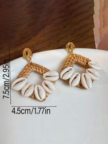 1 Pair Handmade Raffia Straw Woven Seashell Earrings, Drop/Diamond/Triangle/Circle Dangle Earrings, Boho Exaggerated Earrings For Beach, Vacation, Gatherings, Party Wear
