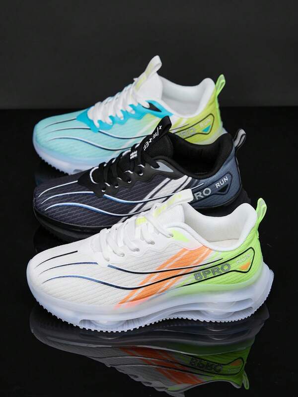 Men's Breathable Comfortable Lightweight Sneakers With Thick Air Cushion Shock-Absorbing Non-Slip Durable Soles, Low-Top Round Toe Color Blocking Lace-Up Running Shoes, Suitable For Daily Commuting, Outdoor Casual, Sports, Running, Fitness, Exercise, Knitted Mesh Patchwork, Suitable For All Seasons