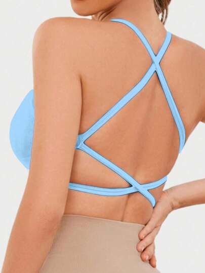 Piece Seamless Knit Ribbed Verleidelijke Bra, Wireless Cross Strap Backless Sports BH view 2