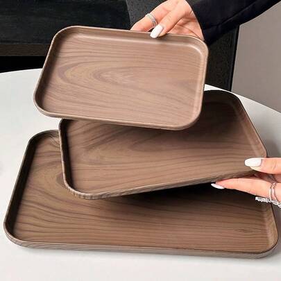 1pc INS Style Faux Wood Grain Tray, Rectangular Serving Tray, Coffee Shop Dessert Tray, Storage Dish, Cake & Snack Plate