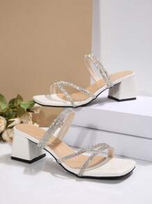 Women's Square Toe White Sandals With Crystal Decoration, Elegant And Versatile Suitable For Pairing With Chunky Heel, Size 35-42
