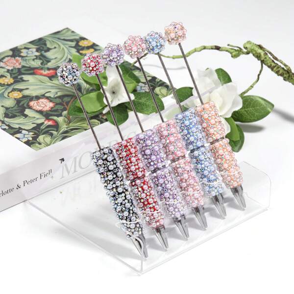 12pcs/Set New Luxury Gem Studded Faux Diamond Jewelry Making Kit, Beaded Pen, Ballpoint Pen, DIY Pen Decor Accessories, Creative Stationery