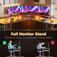 Escritorio Gamer Escritorios Para Oficina Minimalist Con Led,Corner Gaming Computer Desk with Led Lights, Monitor Shelf and Printer Storage Shelves, Two Person Desk,With Monitor Shelf for Home Office Study Writing Workstation - Marrón - Ver 4