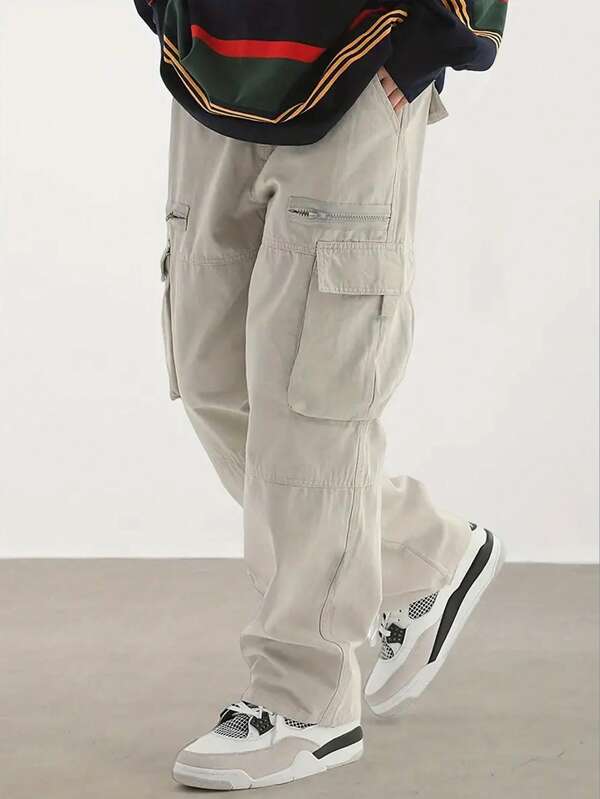 Plus Size Men's Loose Fit Wild Cargo Pants, Drawstring Waist Casual Hiking Pants With Pockets And Zippers