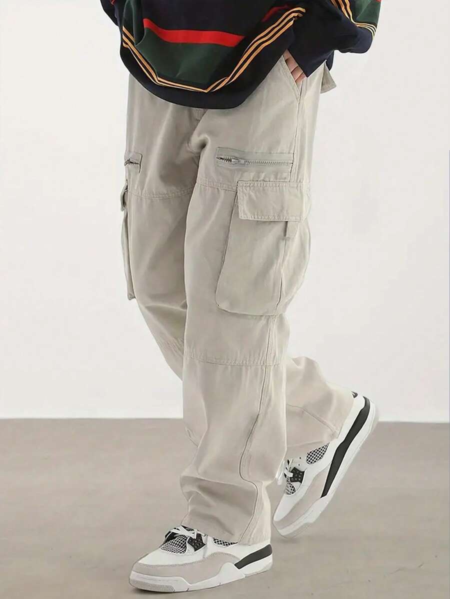YINGHU Men's Multi-Pocket Solid Color Cargo Pants, Suitable For Autumn, Vacation, Commuting, Sports, Outdoor Activities, Fitness, Jogging, Versatile Straight Leg Trousers