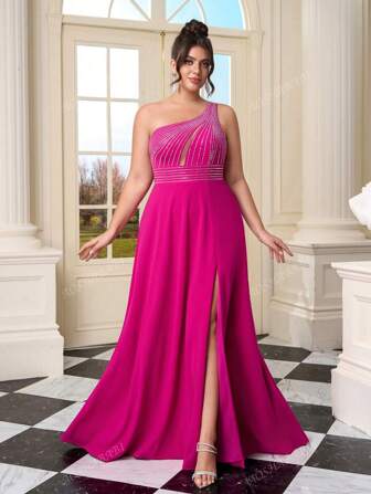 Plus Size Women Rhinestone One Shoulder Backless High Slit Tie Up Evening Dress, Suitable For Formal Occasions Like Gala, Music Festival, Wedding Guest, Date, Holiday Party, Banquet, Graduation Dance, Bridesmaid