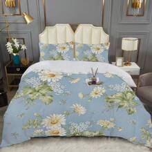 Conjunto de ropa de cama estilo pastoral (1*Funda nórdica + 1/2*Funda de almohada, sin relleno), Conjunto de ropa de cama con estampado de margaritas azules frescas, Suave, cómodo y transpirable, Conjunto de ropa de cama de microfibra lavable para dormitorios y habitaciones de invitados