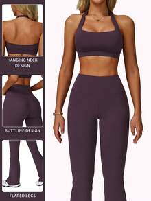 MFVIM 2pcs Women's Sleeveless Halter Backless Top And High Waist Flare Pants Workout Set (Dark Purple)