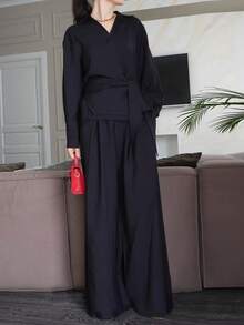 Women's 2 Pieces Set Featuring V-Neck Tie Front Long Sleeve Top & High Waist Casual Pants, Solid Color Casual