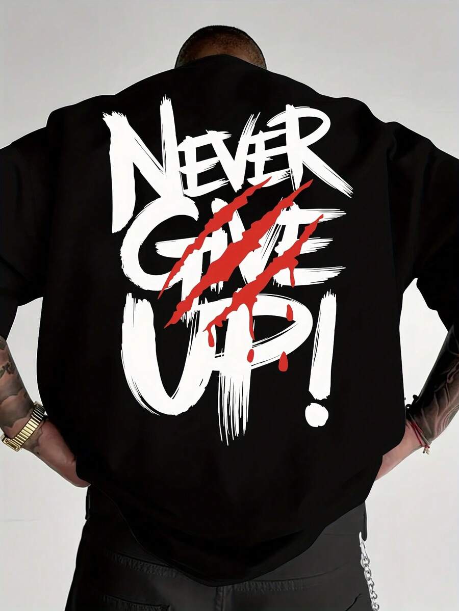 [Motivational T-Shirt] Motivational "NEVER GIVE UP!" T-Shirt - Black With Red Lettering, Loose Fit Casual Tee For Everyday Special Occasions - Lightweight Summer Shirt, Inspirational Apparel For Gym, Office, Gifts - Comfortable Round Neck, Bold Lettering Top, Durable Construction, Short Sleeve, Fitness Enthusiasts, Casual Shortsleeved Round Neck Top, Mediumstretch Fabric, Machine Washable, Comfortable Fit For All Seasons, Tshirt With Unique Pattern, Comfortable Fit. , Relaxed Fit, Casual Wear,  Top, Men's T-Shirt,Halloween,Casual,Christmas - màu đen - Xem 1
