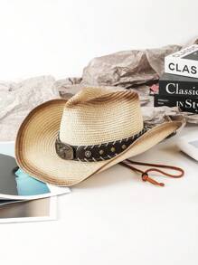 1pc Casual Bull Star Pattern Boho Rivet Bow Straw Sun Hat, Fashionable Versatile Beach Holiday Shade Hat For All Seasons