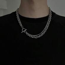 1pc Women Stainless Steel Double Layer OT Clasp Necklace, Minimalist Simple Chain
