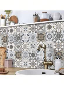 24 Pieces Bohemian Style Kitchen Bathroom Entrance Waterproof Moisture-Proof Wall Stickers Waterproof Tile Stickers PVC Self-Adhesive Decorative Stickers Kitchen Accessories Room Decor Wall Decor Wallpaper Wall Paper