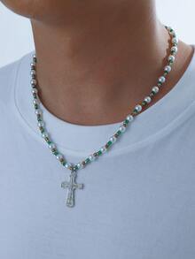 1pc Handmade Necklace With Faux Pearl, Glass Beads And Cross Pendant, Unisex - Silver - View 11