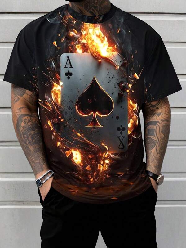 Plus Size Men's Summer Flame Playing Card Graphic Round Neck T-Shirt