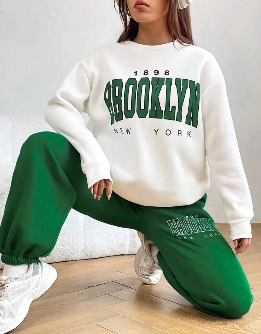 Brooklyn Women's White Sweatshirt New York Green Astheric Coat Stylish Comfortable Round Neck Long Sleeve - 白色 - 查看 1