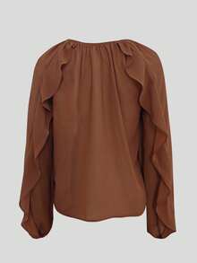 Women's Elegant V-Neck Ruffle Trim Asymmetrical Button Up Casual Chiffon Blouse, Long Sleeve