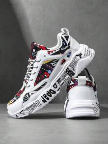 Men's Fashion Letter Pattern Contrast Color Graffiti Random Print Patchwork Front Lace-Up Round Toe Chunky Sneakers, Personalized Casual Sports Shoes For Teenagers And Campus - White and Yellow - View 4